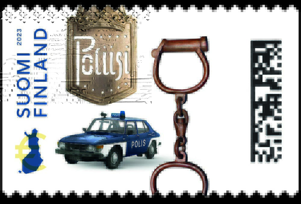 Stamp with the texts “Suomi Finland 2023”, map of Finland and a QR code. The stamp also includes photos of an old metallic badge, a set of old handcuffs, and a blue-and-white Saab police car.