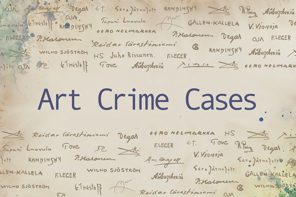 Signature image of exhibition titled “Art Crime Cases”. In addition to the title of the exhibition, the image includes signatures by artists.