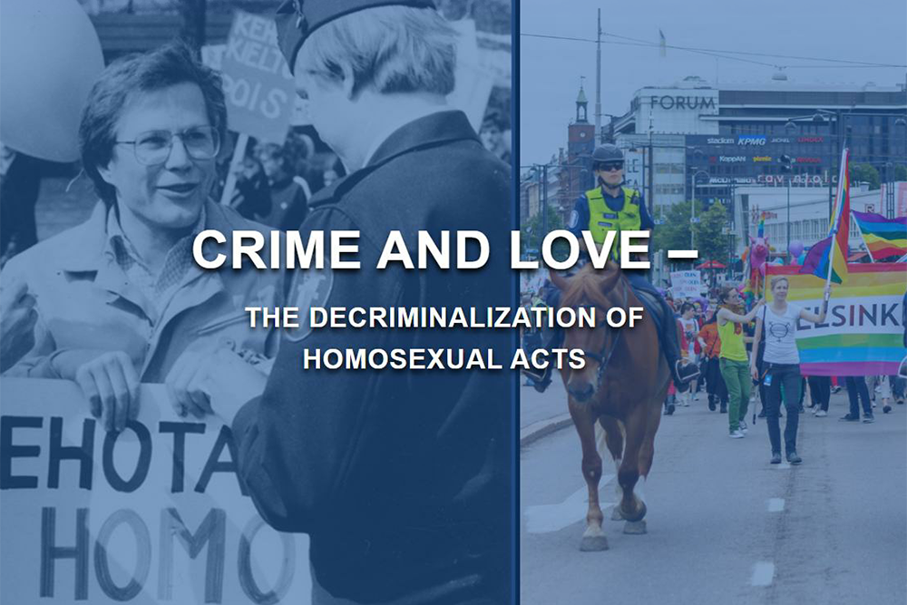 Picture collage on the online exhibition starting page. In the picture on the left, the police seizes a sign that reads “I encourage homosexuality” from a member of the public. In the picture on the right, a mounted police officer rides in front of a Pride parade, with participants carrying rainbow flags. The text on top of the collage image says: Crime and Love – The Decriminalization of Homosexual Acts. 
