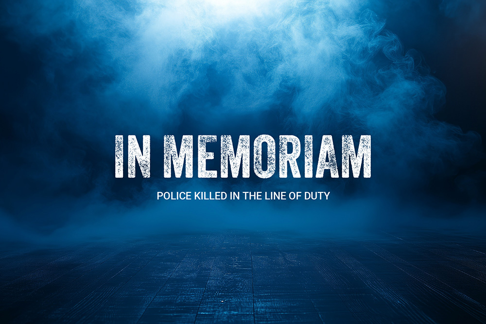 A dark-toned image showing fog and the title of the exhibition “In Memoriam – Police killed in the line of duty”.