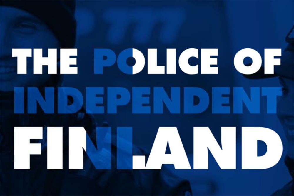 Picture of an online exhibition starting page, with the text: The Police of Independent Finland. The characters form the pattern of the Finnish flag.