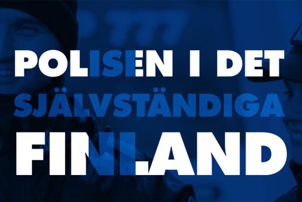 En bild av startsidan för webbutställningen där det står ”Polisen i det självständiga Finland”. Bokstäverna är placerade så att färgerna bildar en bild av Finlands flagga.