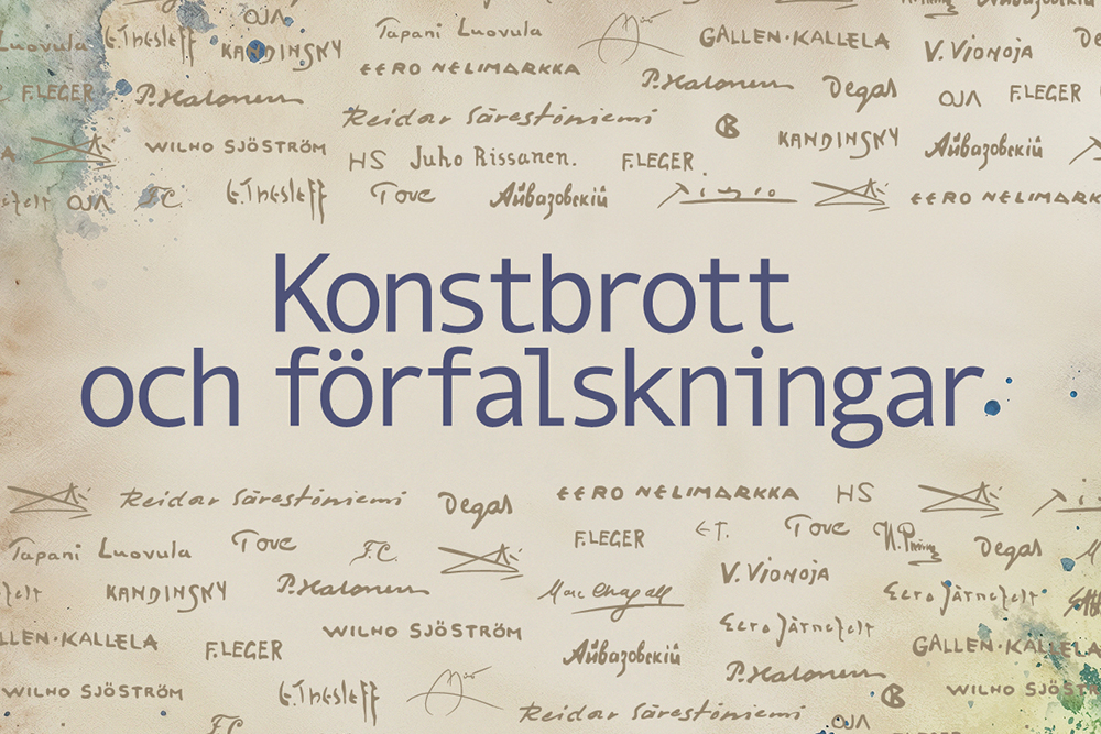 Konstbrott och förfalskningar-utställningens symbolbild som visar förutom utställningens namn även signeringar av konstnärer.
