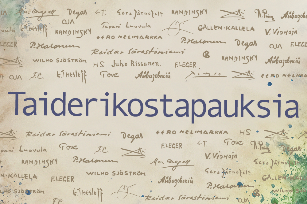 Taiderikostapauksia -näyttelyn tunnuskuva. Näyttelyn nimen lisäksi kuvassa on taiteilijoiden signeerauksia.